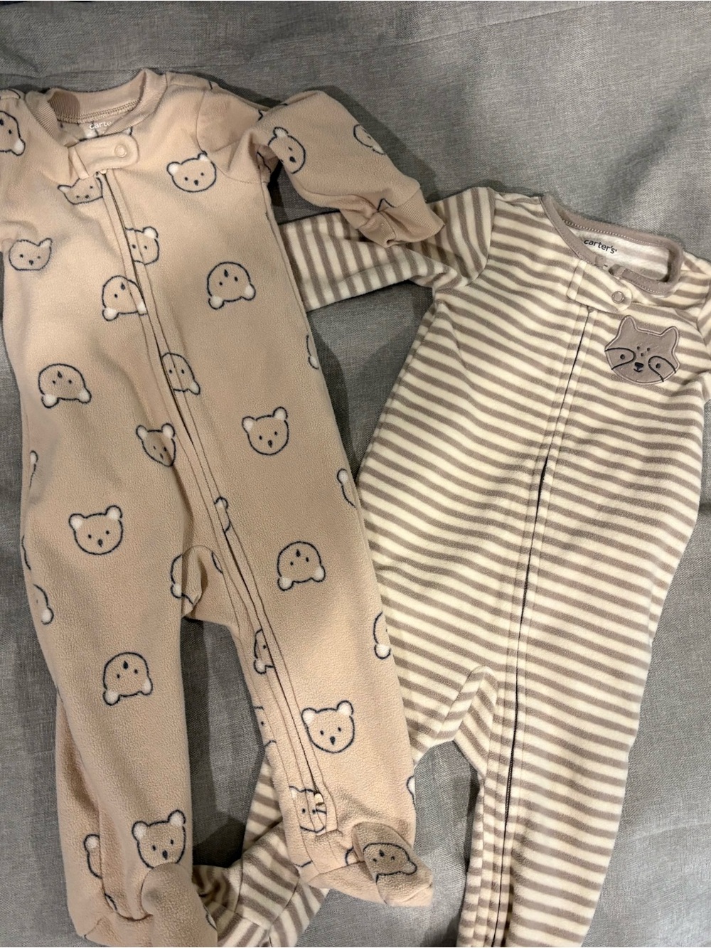 2 Carter's Fleece Beige Bear & Stripe Footed Cotton One-Piece Set